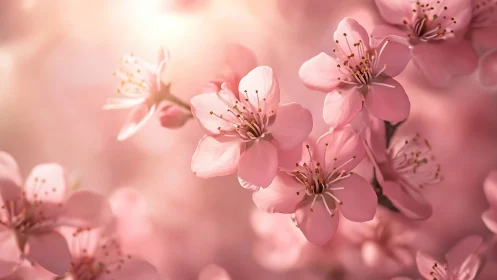 Pink Cherry Blossoms in Soft Focus Macro Photography