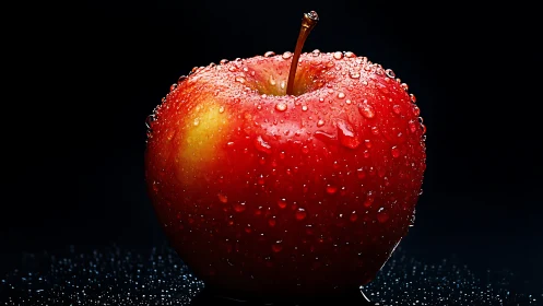Glistening red apple resting quietly in inky black space.