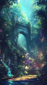 Emerald ruins and luminous stairway into the hidden canopy.