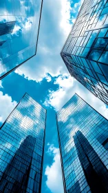 Glass skyscrapers framing bright blue urban sky grid.