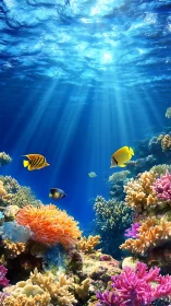 Sunrays kiss coral kingdoms in a neon-swirled reef dreamscape.