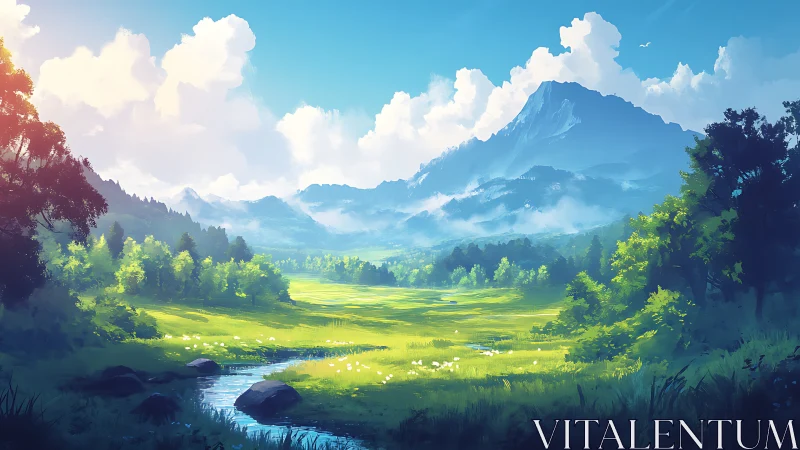 Sunlit mountain meadow with gentle stream and bright sky.