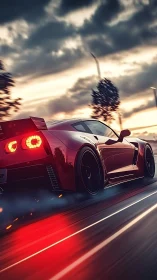 Midnight crimson supercar streaking through stormlit asphalt.