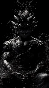 Monochrome anime warrior figure in seated meditative pose.