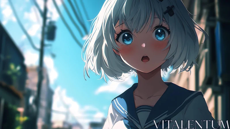 Blue-eyed summer surprise under electric city sky.