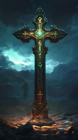Ornate emerald crucifix rises luminously in storm-lit ravine