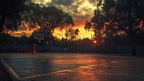 Outdoor basketball court surface reflects intense sunset light