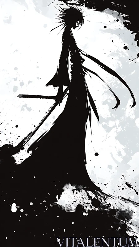 Ink-swept lone swordsman stands bold against white sky