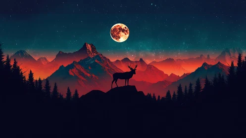 Silhouetted stag against glowing red mountains at night.
