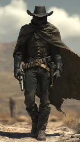 Masked gunslinger in dark armor strides across desert plain.