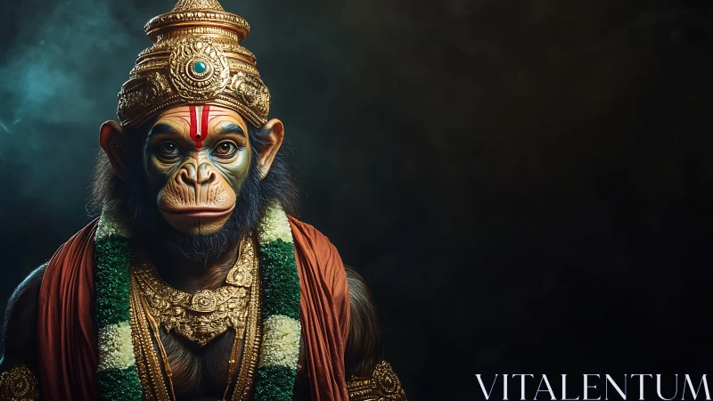 Simian figure in ornate ceremonial attire against dark field.