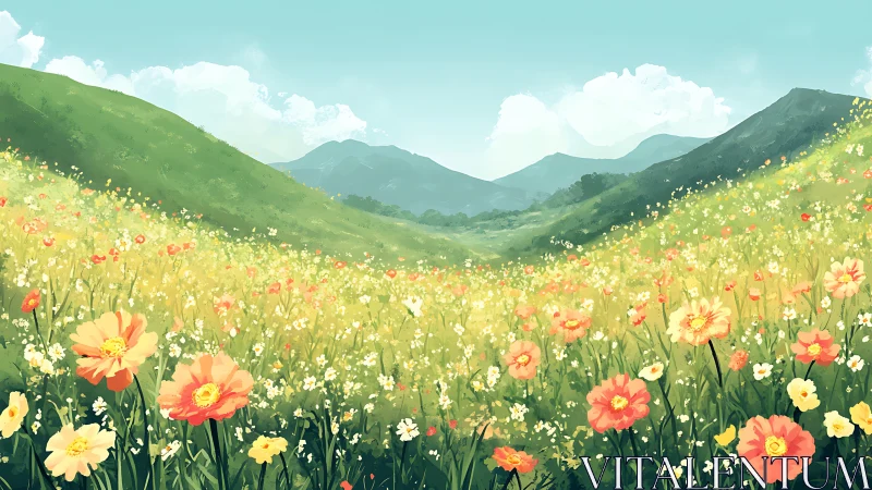 Wildflower meadow stretches between rolling green hills under sky