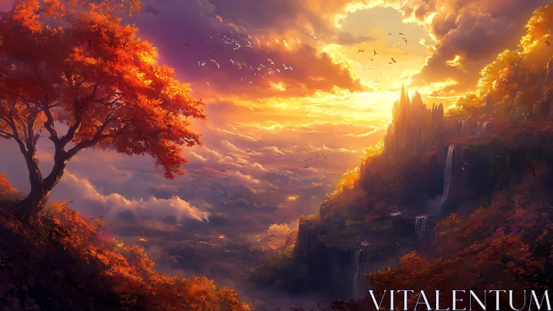 Radiant autumn cliffs rise above glowing cloud valleys
