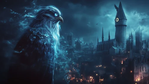 Spectral ice griffin watches over a stormlit gothic citadel.