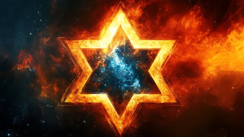 Fiery six-pointed star encloses bright galactic nebula