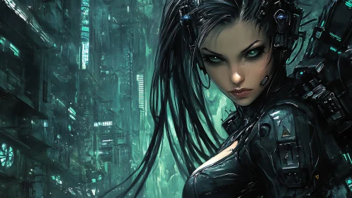 Cyberpunk guardian with neon eyes in a rainwashed cityscape.