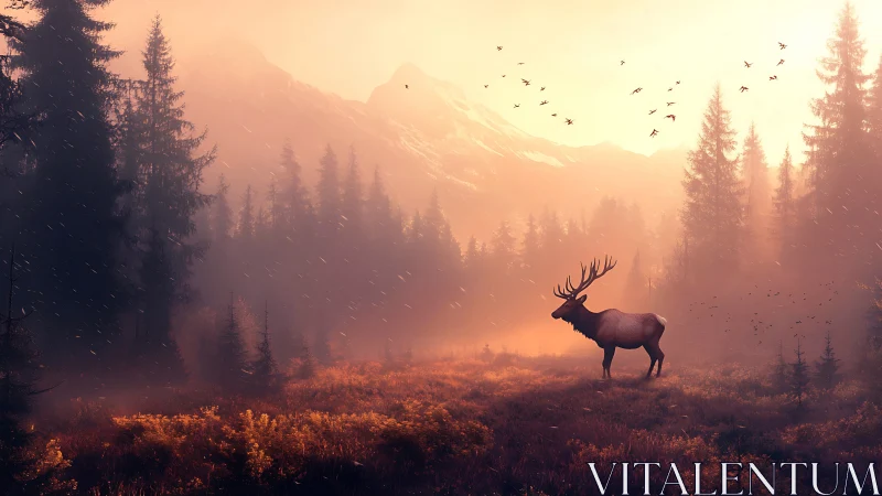 Stag crowned by dawnfire in a mist-drenched mountain glade.