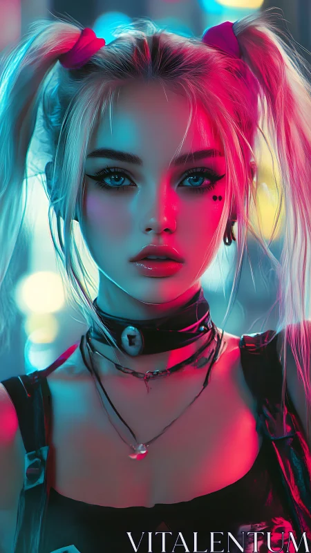 Neon lit cyberpunk girl with pigtails and bold makeup.