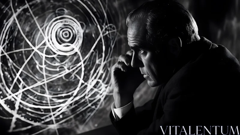 Thoughtful man beside abstract atomic diagram in dramatic black and white.