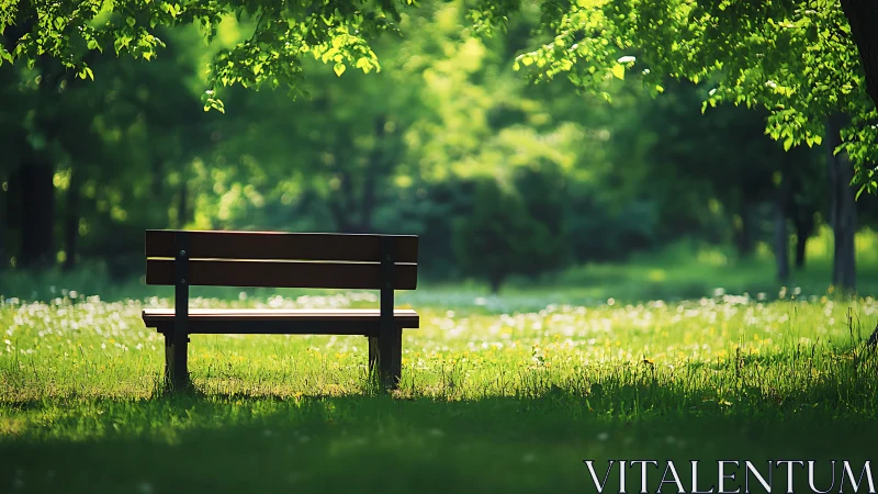 Photorealistic park bench under dappled canopy lighting.