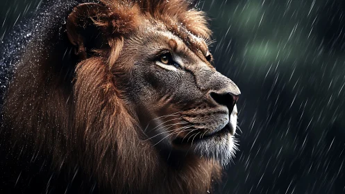Majestic lion profile rendered in hyper-realistic rain lighting