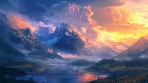 Digital mountain landscape with river under vivid sunset sky.