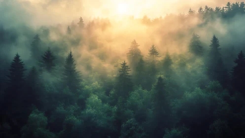 Misty Forest Dawn Breaking Through Ancient Trees.