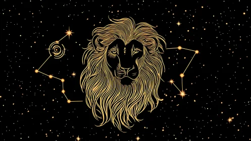Starlit lion constellation crowned in radiant cosmic gold.