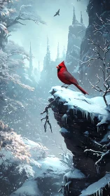 Scarlet cardinal crowns a frosted cliff in silent winter.