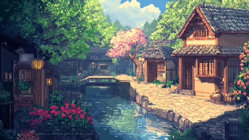 Sunlit canal village glows softly in peaceful pixel spring