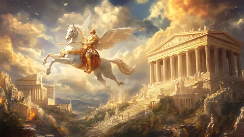 Winged warhorse ascends above radiant ancient acropolis.
