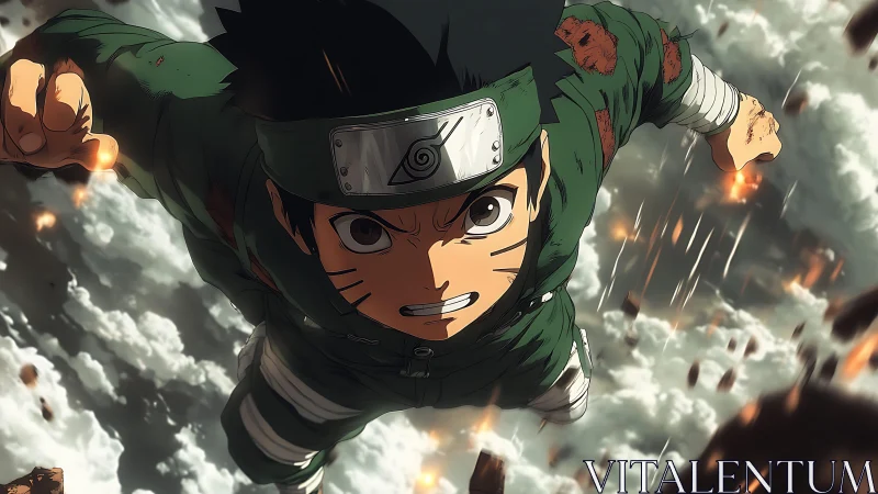Fierce young ninja soars upward through a storm of sparks