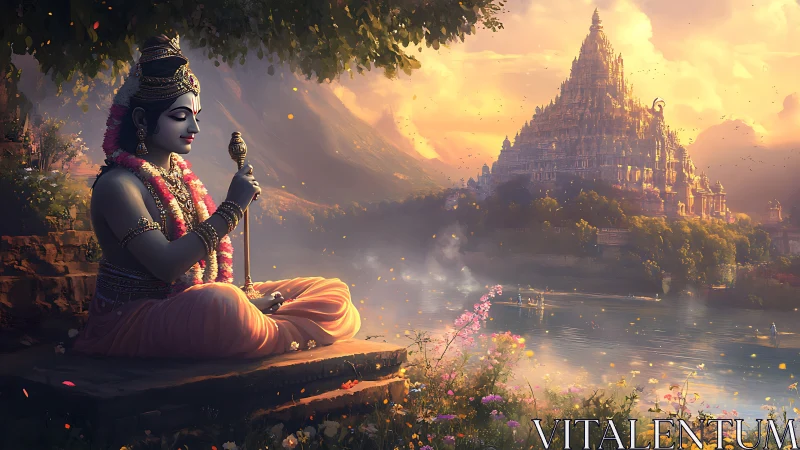 Serene deity figure meditating beside river and temple.