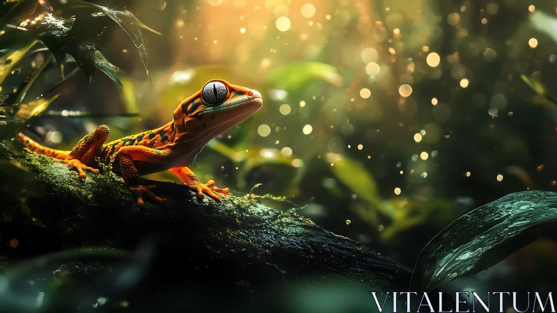 Bioluminescent rainforest gecko under volumetric bokeh rays.