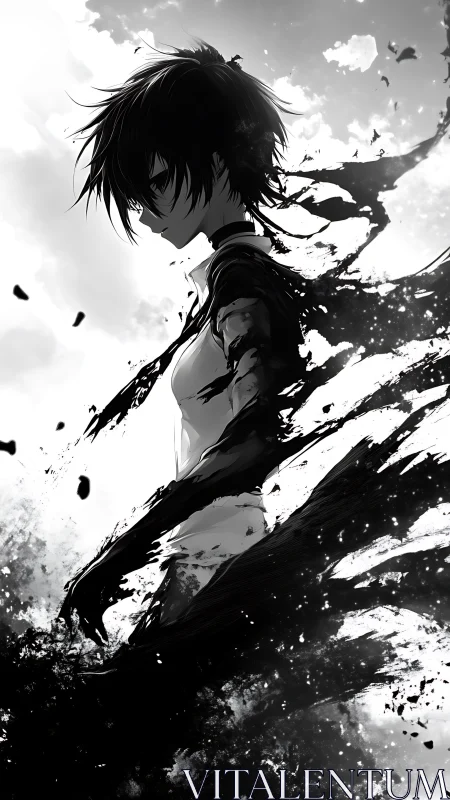 Shadowed anime figure dissolves into swirling ink storm.