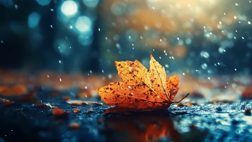 Autumn leaf glows on wet pavement under soft falling rain.