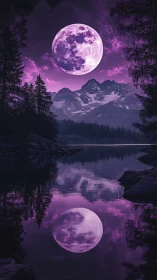 Enchanted violet moon rises above tranquil alpine lake