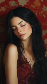 Portrait depicts a woman with closed eyes against floral backdrop