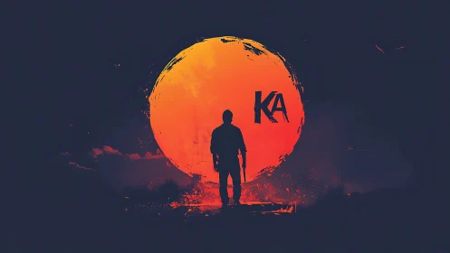 Lone wanderer eclipsed by a blazing neon apocalypse sun.