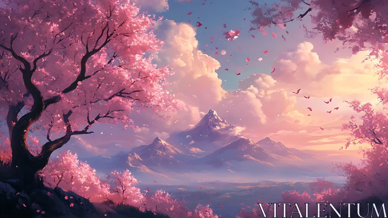 Expansive cherry blossom valley frames atmospheric mountain vista