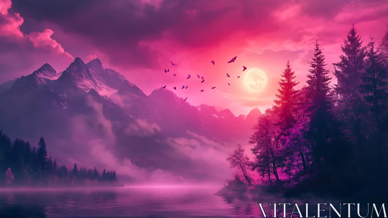 Dreamy pink mountains welcome a glowing moonlit forest sky