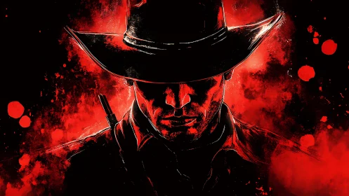 Silhouetted gunslinger portrait in red splatter haze.