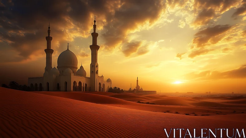 Desert mosque glows under dramatic golden sunset sky.