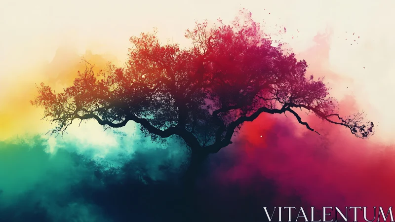 Silhouetted tree canopy against multicolor atmospheric gradient