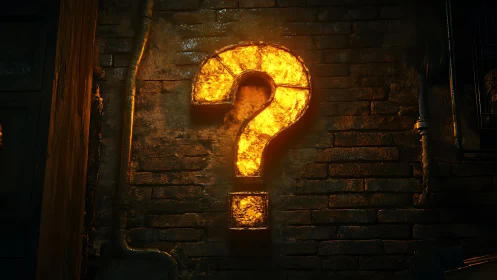 Glowing question mark sign on gritty urban brick wall.