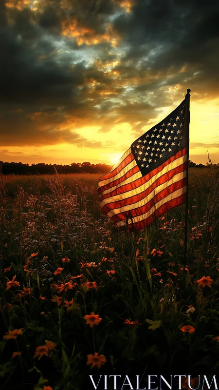 Sunset-warmed flag drifts above wildflowers and gathering storm