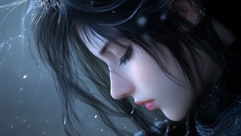 Snowlit profile of a moonsoft warrior lost in quiet storms.