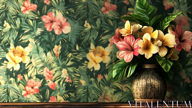 Tropical hibiscus bouquet glows against lush floral wallpaper.