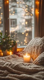 Cozy window seat with candle, knit blankets and lights.