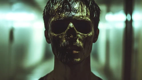 Man in skull-like mask under harsh corridor lighting.